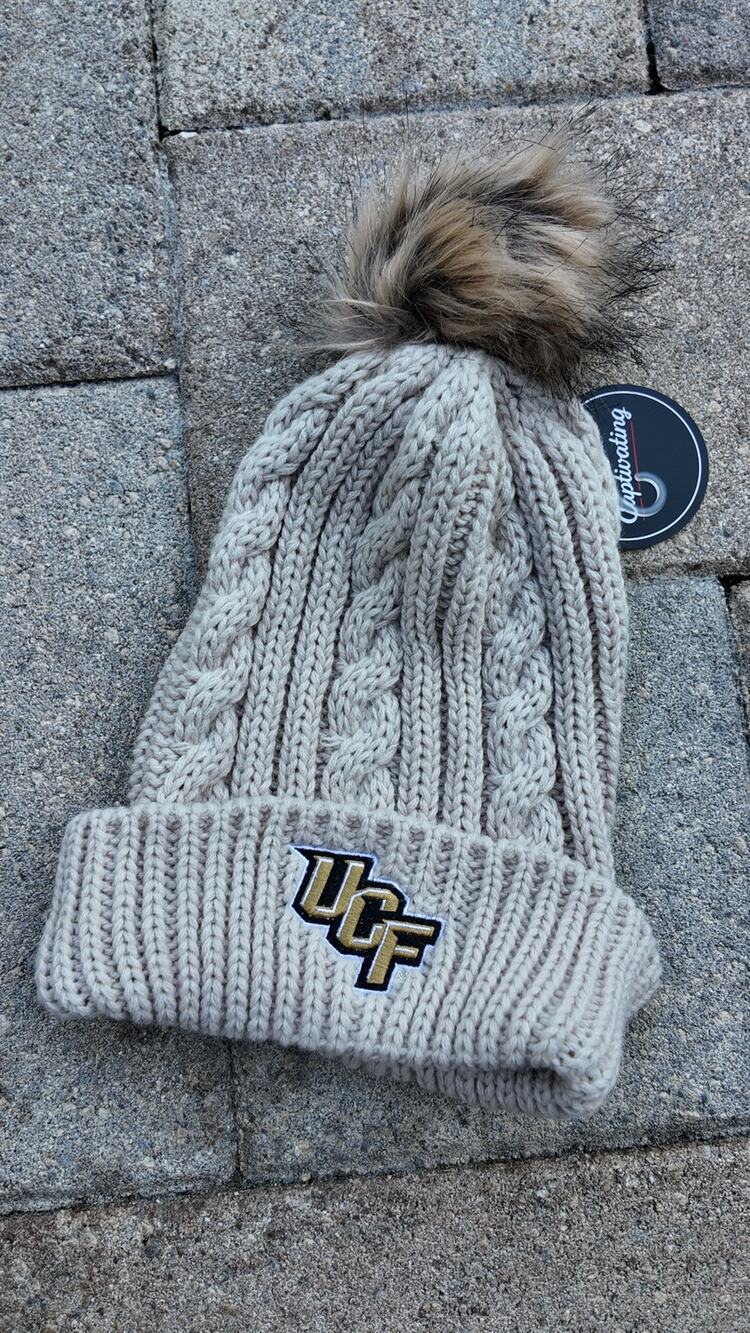 UCF Knights Gray Cable Knit Faux Fur Pom Beanie Hat NWT One Size